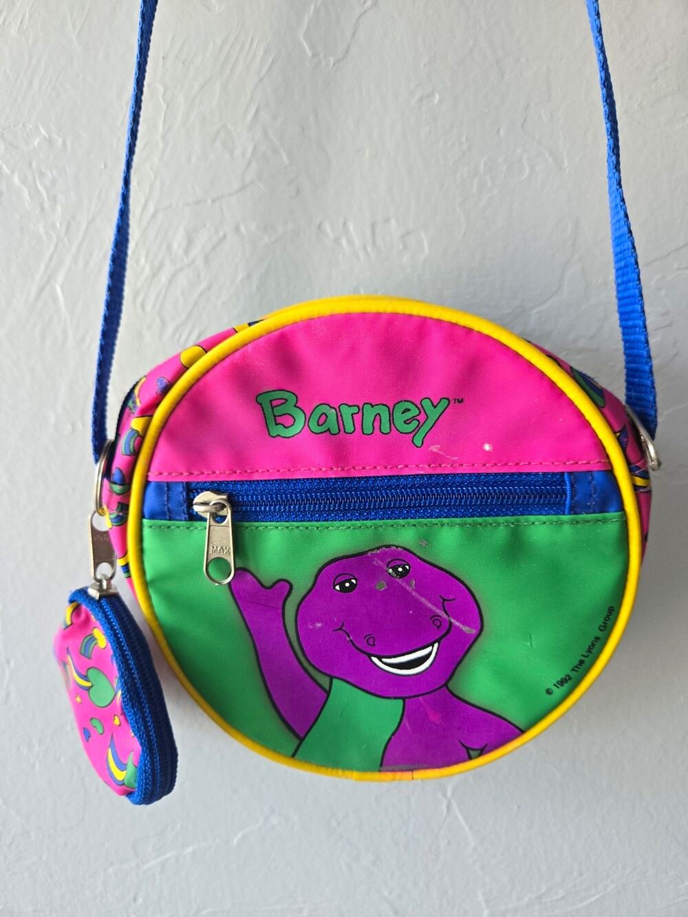 Vintage 1992 Barney Crossbody Bag Coin Purse Kids Barney & Friends RARE Colorful